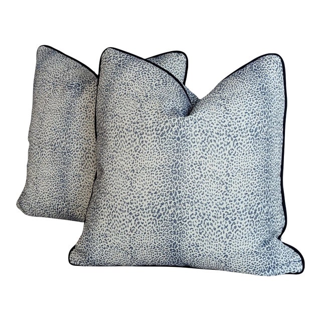 Schumacher Navy Mini Leopard Indoor/Outdoor Pillows - Set of 2 For Sale
