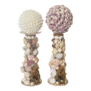 Whimsical Pair Sea Shell Encrusted Candlesticks With Shell Globes and Monkeys Figure For Sale