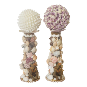 Whimsical Pair Sea Shell Encrusted Candlesticks With Shell Globes and Monkeys Figure