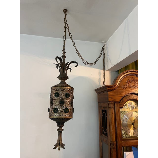 MCM Hollywood Regency Glam Gold Hanging Lamp Green Jewel Swag Light For Sale - Image 4 of 15