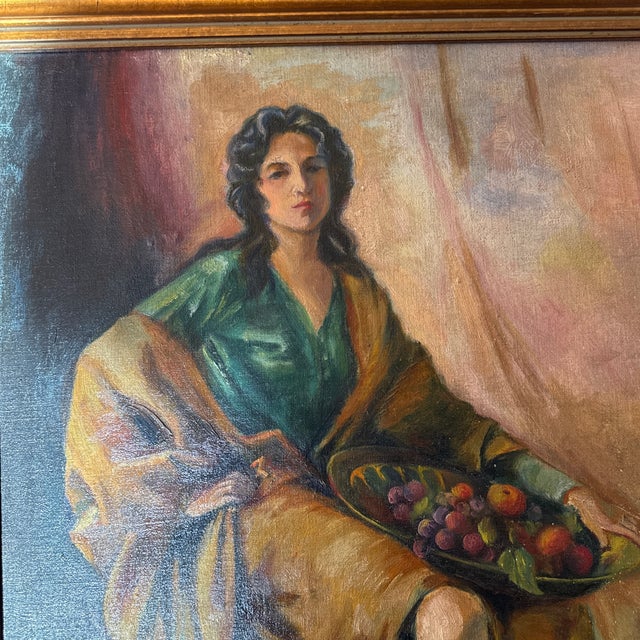 Vintage Italian Style Oil Painting Lady With Fruit Still Life ~ Signed For Sale In Atlanta - Image 6 of 10