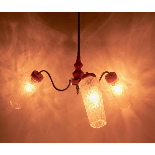3-Arm Hanging Lamp in Tangerine, Chrome and Wood with Optical Shades, 1960s For Sale - Image 3 of 9
