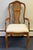 Elegant set of six vintage French Provincial–style dining chairs featuring beautifully shaped warm wood frames, graceful...