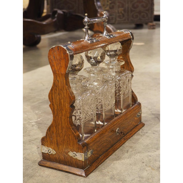 19th Century 3-Bottle English Oak and Silver Plated Locking Decanter Set For Sale - Image 16 of 18