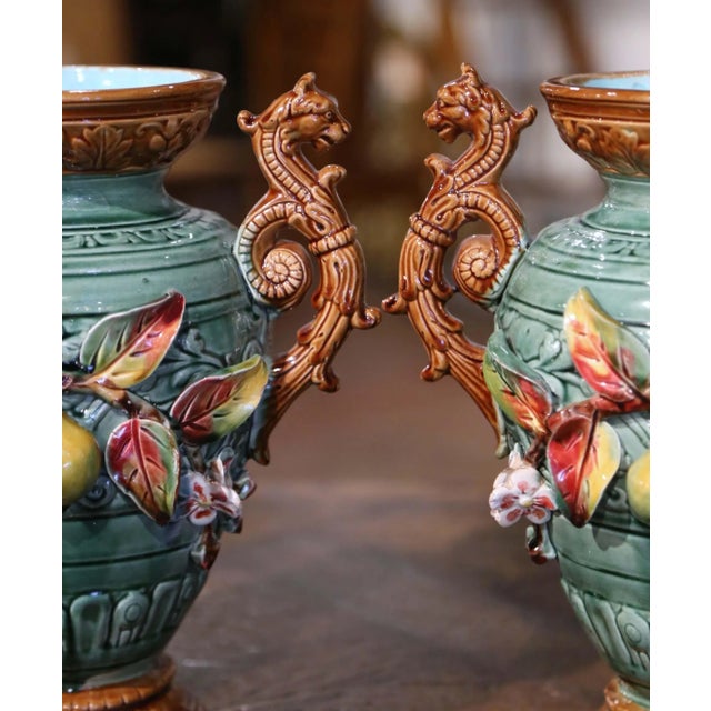 Pair of 19th Century French Barbotine Majolica Vases With Pears For Sale - Image 4 of 11