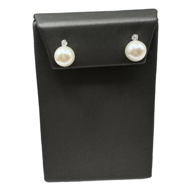 Pearl and Diamond Stud Earrings in 14kt White Gold – 9mm Round Pearls, New, A Pair For Sale