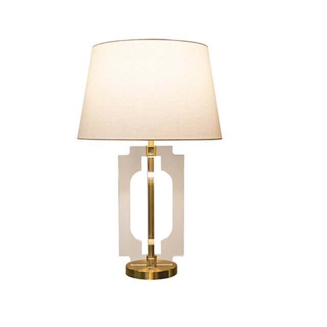 Contemporary Matthew Izzo Home - Haven Stacked Acrylic & Antique Brass Table Lamp With White Linen Shade For Sale - Image 3 of 5