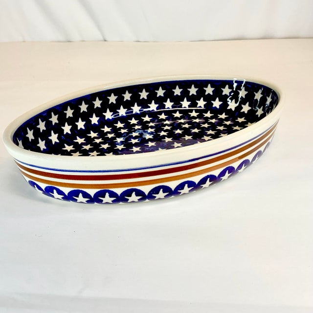 1980s Vintage Arts & Crafts Americana Boho Chic Boleslawiec Pottery Oval Baker Serving Dish - 4th of July For Sale - Image 11 of 11