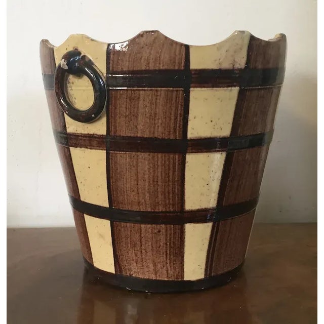 Ceramic Antique 19th Century French Faux Bois Barrel Form Jardiniere with Ring Handles For Sale - Image 7 of 13