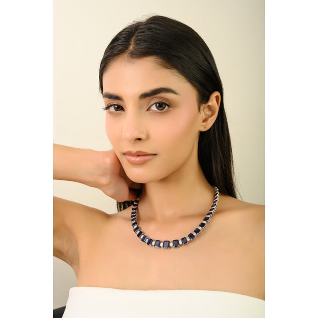 VRJewels 47.64Ct Blue Sapphire & 6.19Ct Diamond Tennis Necklace in 18k White Gold For Sale In New York - Image 6 of 14