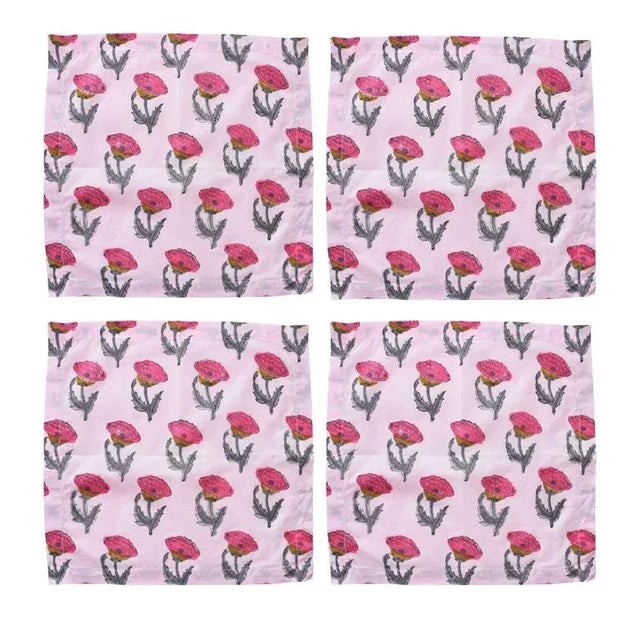 Indian 4 Pink and Green Floral Block Print Table Napkins - India Set of Four For Sale - Image 3 of 7