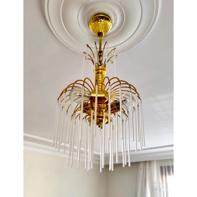 Vintage Brass Chandelier Milk Glass Rods Ceiling Light For Sale - Image 4 of 14