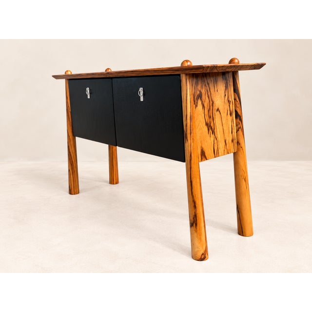 Console Table with Two Drawers, solid Zebra wood and veneer. Front drawers and back are black lacquered. Ready for new home.