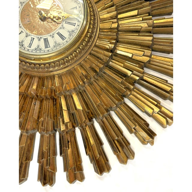 Syroco Vintage Circa 1969 Syroco Mid Century Modern Starburst Wall Clock in Antique Gold Finish For Sale - Image 4 of 18