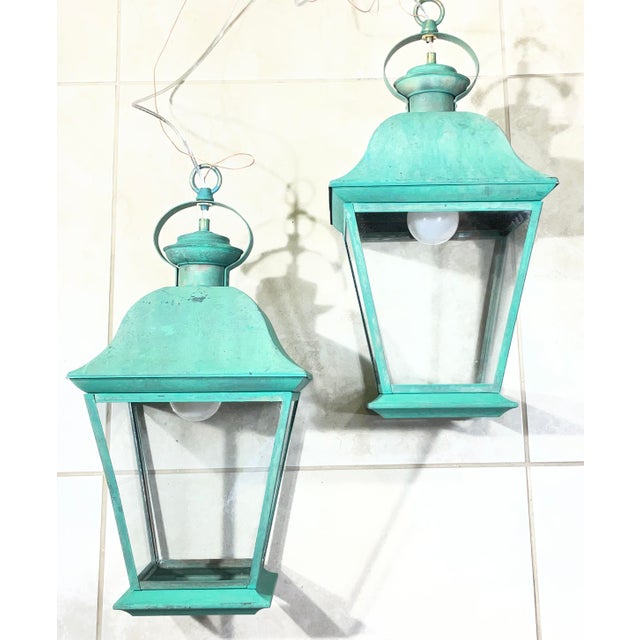 Pair of Solid Brass Vintage Ceiling Lantern 19” X 9”.5 X 9”.5 For Sale - Image 10 of 14