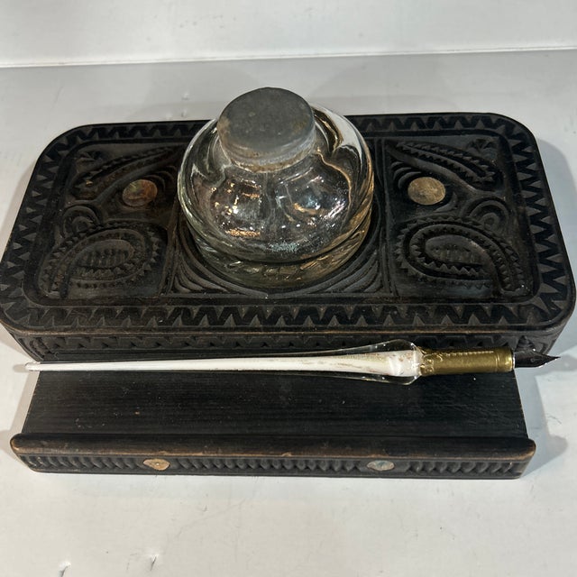 Unique inlaid mother of pearl inkwell set. Antique handcarved includes glass calligraphy ink pen