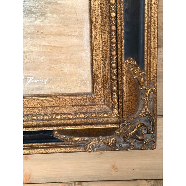 Large Vintage Parisian Street Scene Oil Painting of Victorian Woman in Ornate Gilt Frame For Sale - Image 13 of 17