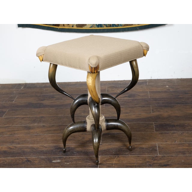 Brown 1880s American Horn Stool with Three-Tier Construction and Custom Upholstery For Sale - Image 8 of 11