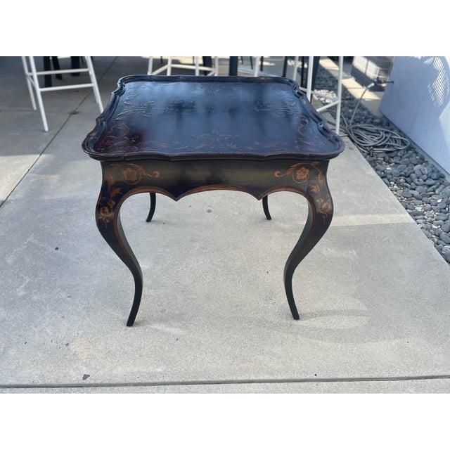 1980s Black Pavilion Side Table With Floral Patterns and Drawer For Sale - Image 9 of 15