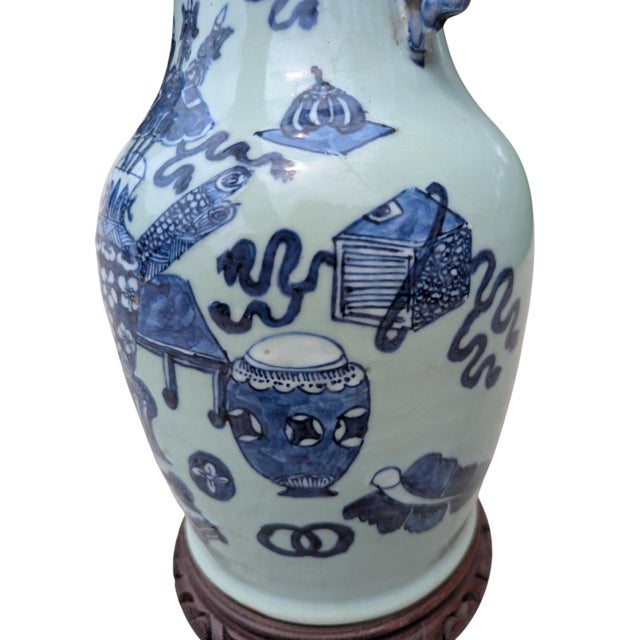 Wood Early 20th Century Asian Antique Celadon Vase Table Lamp For Sale - Image 7 of 18