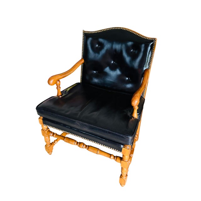 Vintage Barnard & Simonds Black Leather Armchair | 1960s American Traditional | Button-Tufted Leather & Bobbin-Turned Wood For Sale - Image 15 of 18