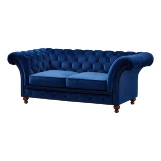 Peyton Sloped Arm Chesterfield Love Seat - Blue Velvet For Sale