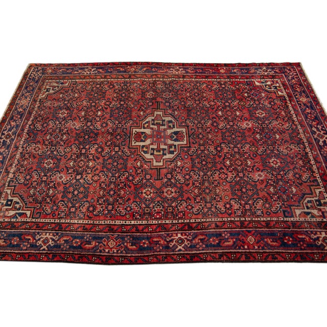 1960s 1960s Vintage Persian Hamadan Navy Blue Handmade Medallion Wool Rug For Sale - Image 5 of 7