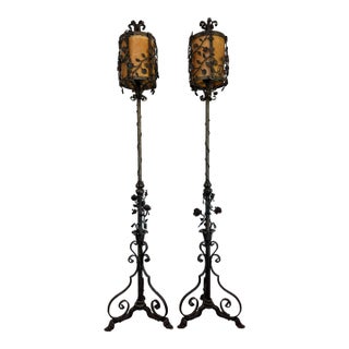 Early 20th Century Rococco Style Wrought Iron Standing Floor Lamps - a Pair For Sale