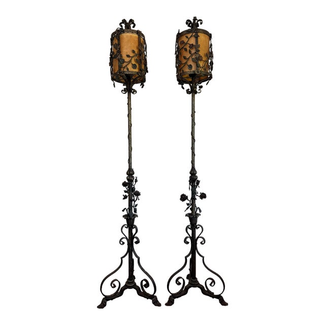 Early 20th Century Rococco Style Wrought Iron Standing Floor Lamps - a Pair For Sale