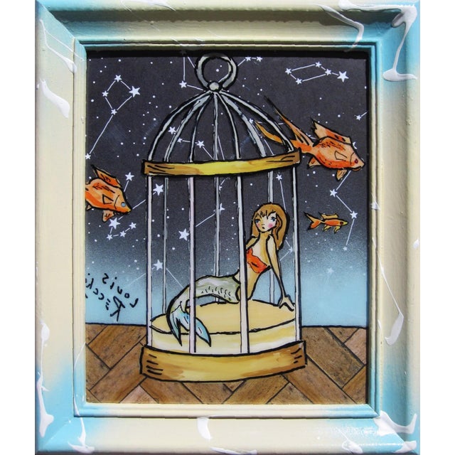Misplaced Mermaid by Louis Recchia | Mixed-media acrylic on plexiglas Mermaid in a cage with fish. For Sale