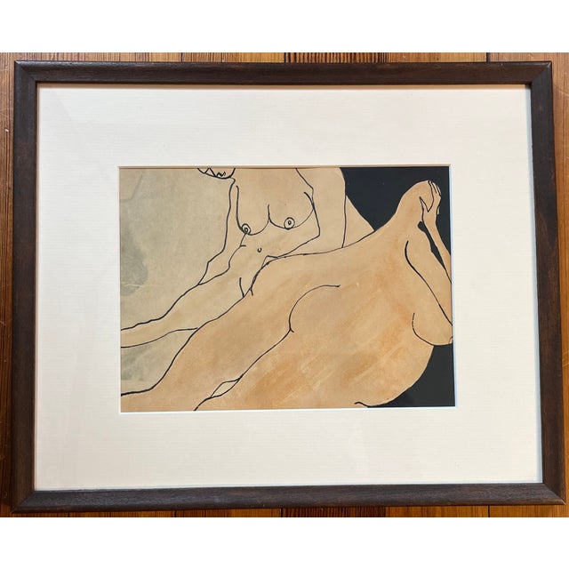 Anna Poulos (American 1933 - 2003) Modernist Abstract Figural Ink Drawing and Watercolor Painting of Two Nude Women Dated 1966 For Sale In New York - Image 6 of 9