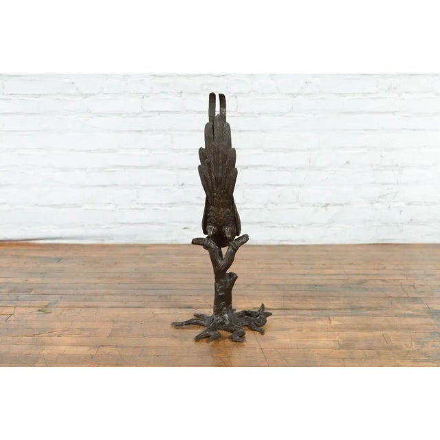 Contemporary Contemporary Bronze Statue of a Parrot Perched on a Branch and Leaning Down, with Dark Patina For Sale - Image 3 of 13