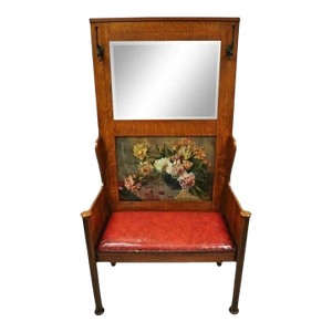 Antique Arts & Crafts Mission Oak Hand Painted Hall Bench Coat Rack with Mirror