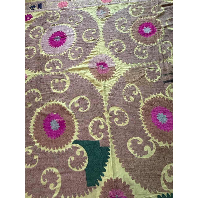 Textile Large Yellow Cotton Suzani With Bold Round Medallions For Sale - Image 7 of 10