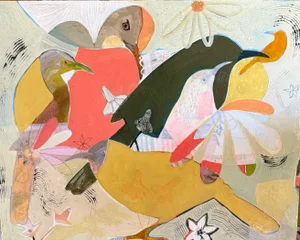 "Thrashers and Flowers" a Fun Painting of Birds and Flowers by LWren Walraven