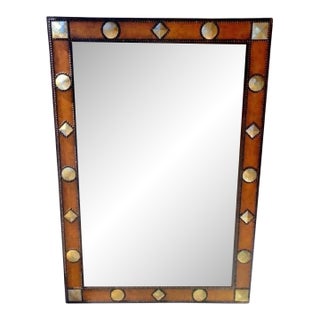 ​vintage Grand Scale Studded Leather and Mother-of-Pearl Inset Wall Mirror For Sale