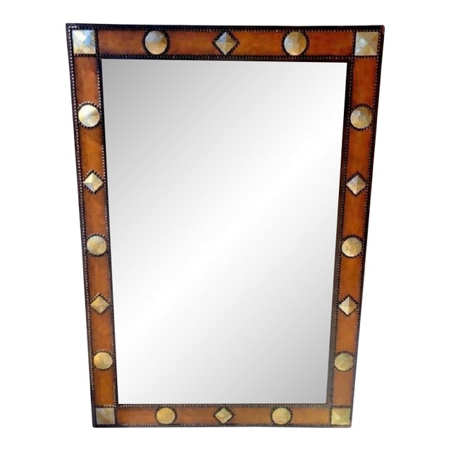 ​vintage Grand Scale Studded Leather and Mother-of-Pearl Inset Wall Mirror For Sale