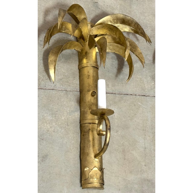 Pair Jansen Style French Gilt Tôle Palm Tree Two-Light Wall Sconces, Circa 1960s For Sale - Image 9 of 11