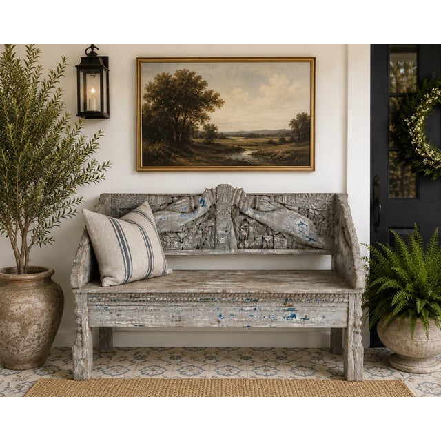 Vintage Balinese Hand-Carved Teak Peacock Bench With Original Polychrome Paint | Indonesian Folk Art Settee For Sale In Atlanta - Image 6 of 6