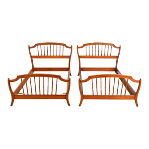 Stickley Brothers Antique Victorian Carved Maple Twin Size Faux Bamboo Spindle Beds, Pair