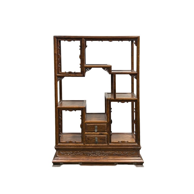 Chinese Pair Chinese Vintage Brown Stain Chest Height 51" Curio Display Cabinets For Sale - Image 3 of 11