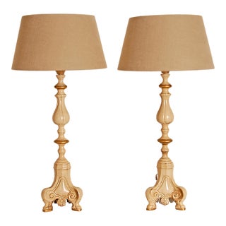 1980s Vintage Table Lamps France Cream With Gold - a Pair For Sale