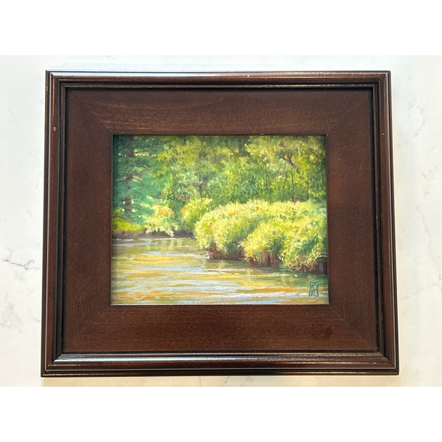 “Waving Grasses” – Signed Impressionist Landscape Original Oil Pastel Painting, Woodland Stream Scene, Custom Wood Frame...