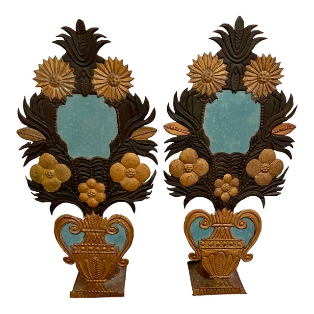 19th Century French Art Deco Painted Tole Metal Altar Flowers - a Pair For Sale