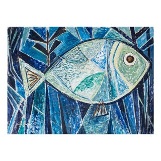Werner Kreuzhage, Blue Fish, Oil Painting on Wood, 1955 For Sale