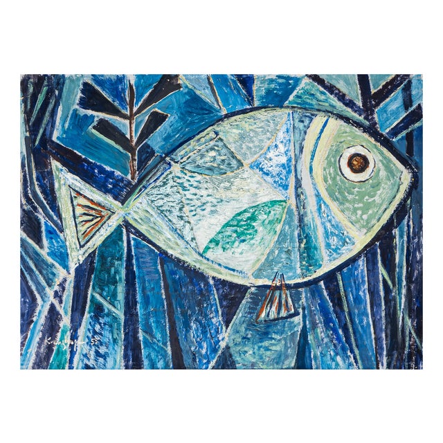 Werner Kreuzhage, Blue Fish, Oil Painting on Wood, 1955 For Sale