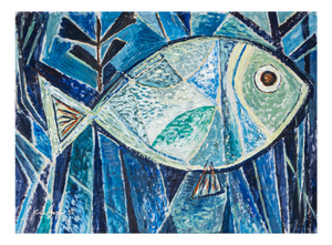 Werner Kreuzhage, Blue Fish, Oil Painting on Wood, 1955