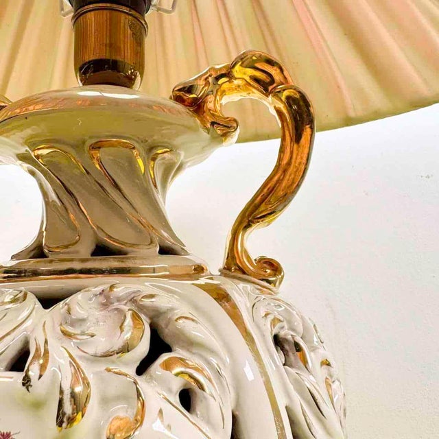 Vintage Perforated Ceramic Lamp with Fabric Lampshade For Sale - Image 4 of 13