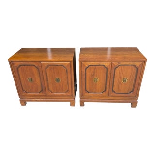 Asian Inspired Solid Wood in Teak Color Cabinets Ore Nightstands a Pair. For Sale
