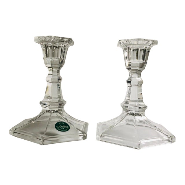 Modern Clear Glass Lenox Made Expressly Candle Holders - a Pair For Sale